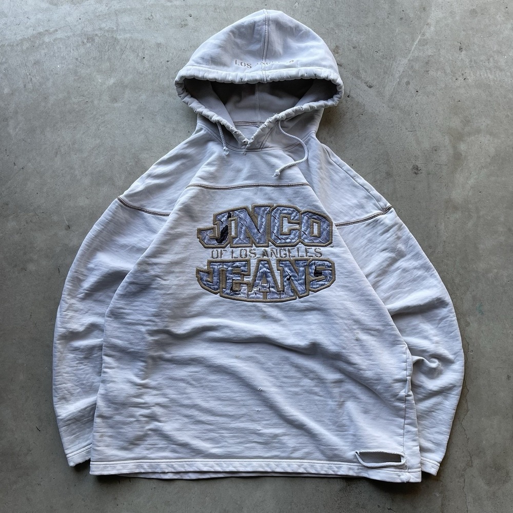 Vintage 90s Jnco Hoodie Mens XL Cream Embroidered Y2K Distressed Tribal USA Made